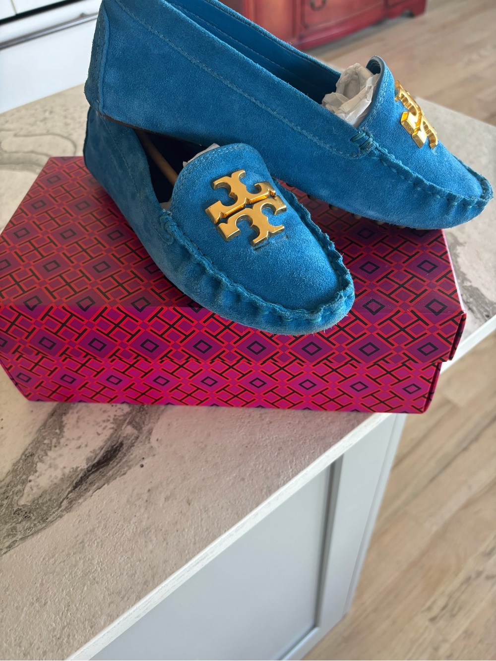 Tory Burch Turquoise Suede Driving Moccasins with Gold Logo